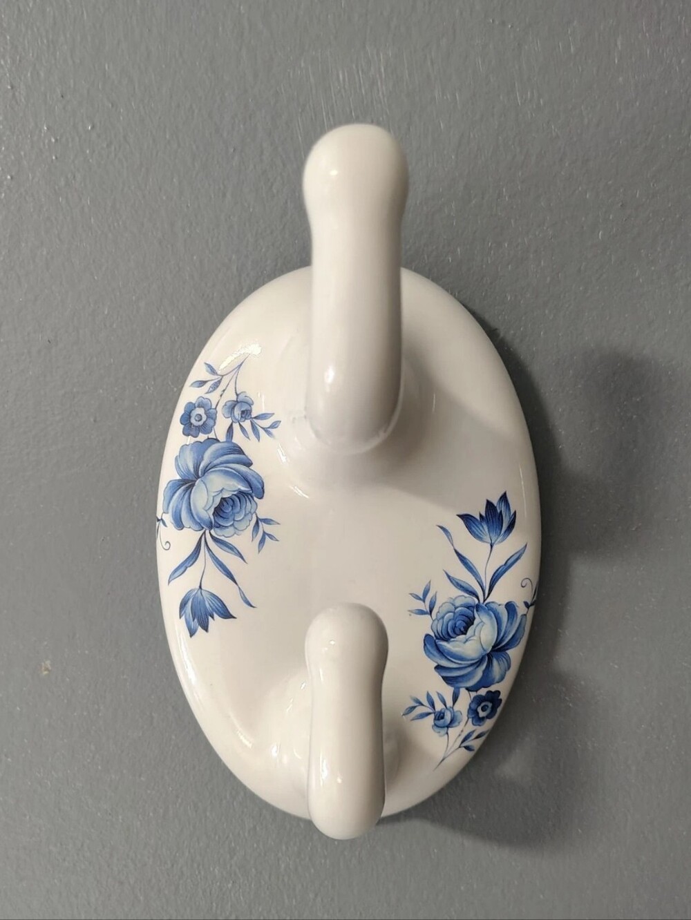 Vintage Double Wall Hook White Porcelain Ceramic Blue Roses